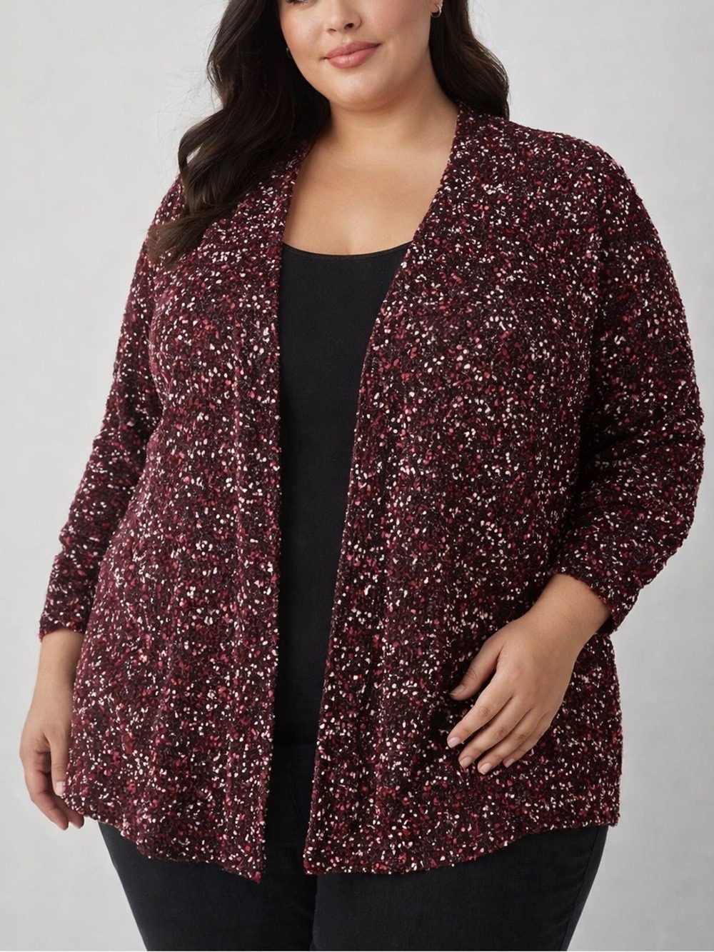 NINA LEONARD Burgundy with White & Black Flecks Open Cardigan 3X